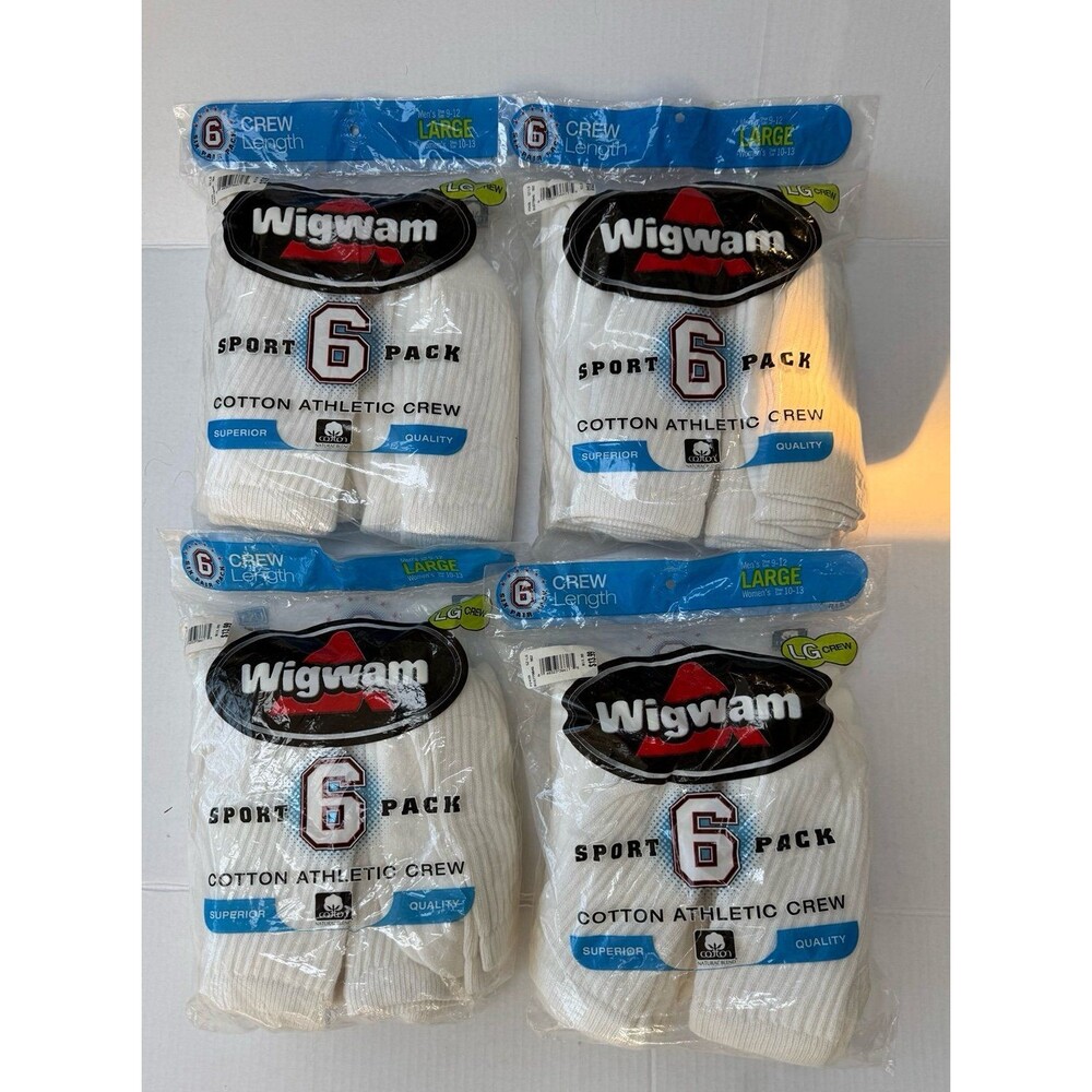 (4) 6 Pack VTG 2004 Wigwam Cotton Athletic Crew Sock White Sz Large Men 9-12
